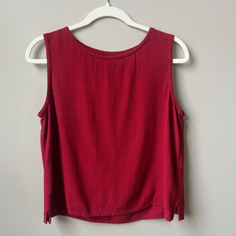 Eileen Fisher Top Women's Small Red Linen Blend Cropped Boxy Fit Classic Scandi